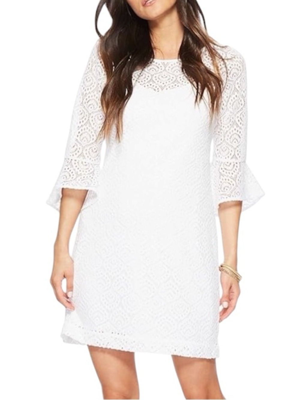 Lilly Pulitzer Fontaine Classic Shift Flounce Bell Sleeve Lined Dress White Smal